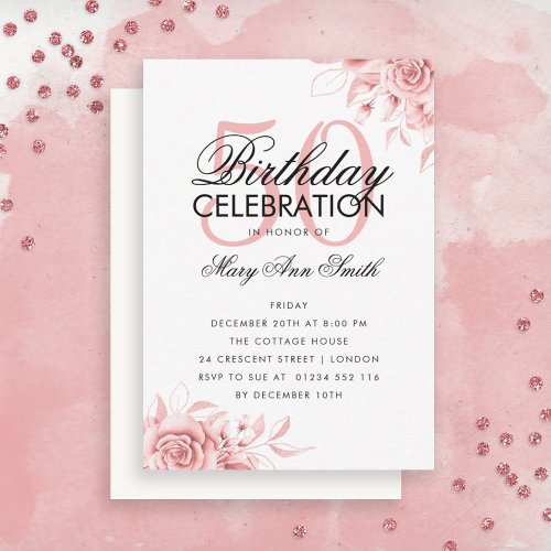 Budget Floral Birthday Rose Gold Invite