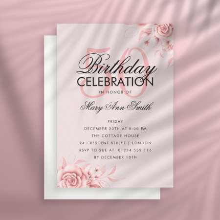 Budget Floral Birthday Rose Gold Invite Blush