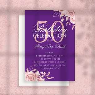Budget Floral Birthday Rose Gold & Purple Invite