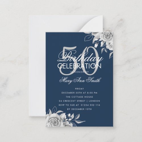 Budget Floral Birthday Silver  Navy Invite