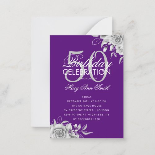 Budget Floral Birthday Silver  Purple Invite