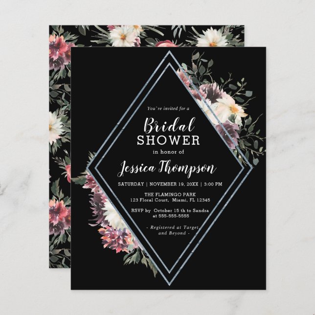 Budget Floral Black Bridal Shower Invitation (Front/Back)