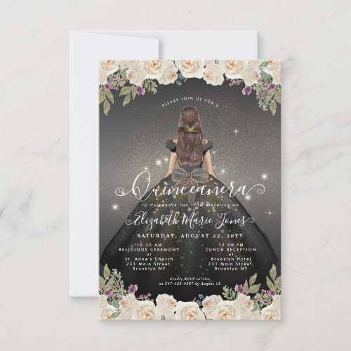 Budget Floral Black Gold Princess Quinceanera Note Card