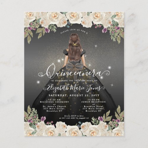 Budget Floral Black Gray Gold Princess Quinceanera