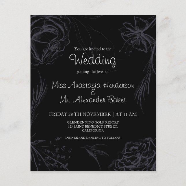 Budget/Floral/Black - Wedding Invitation. Flyer (Front)