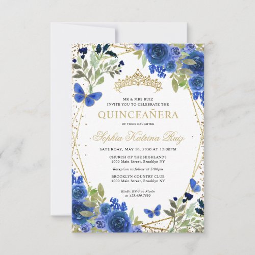 Budget Floral Blue Gold Tiara Quinceaera Invite