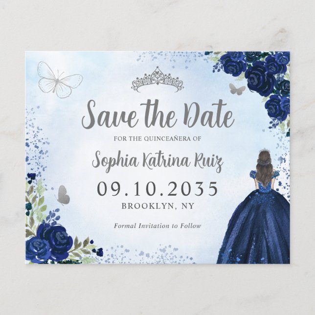 Budget Floral Blue Gray Quinceanera Save the Date (Front)