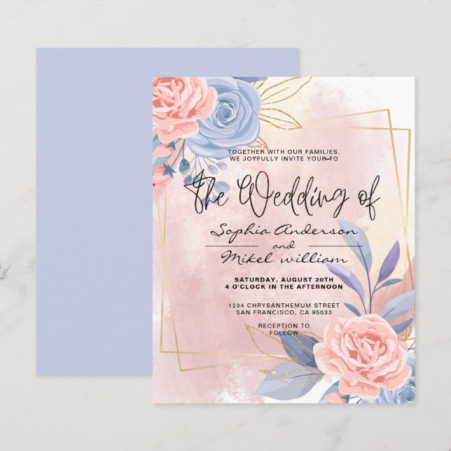 Budget Floral Blue & Pink Brush wedding Invitation (Front/Back)