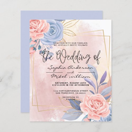 Budget Floral Blue  Pink Brush wedding Invitation