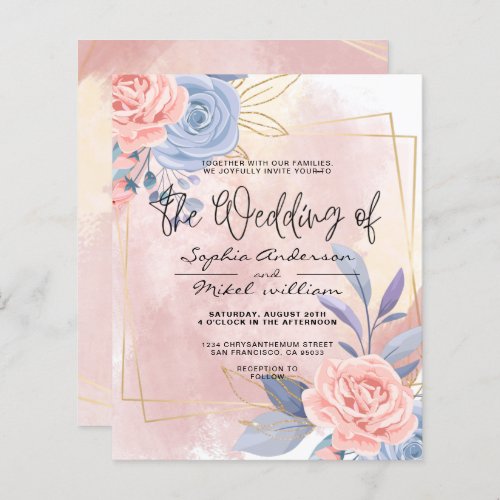 Budget Floral Blue  Pink Brush wedding Invitation
