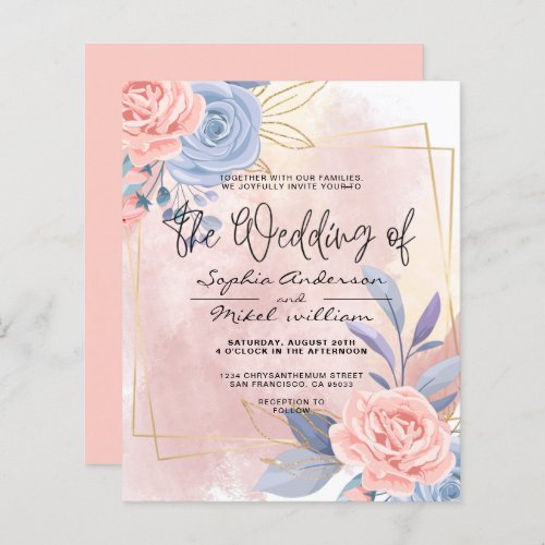 Budget Floral Blue  Pink Brush wedding Invitation