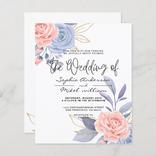 Budget Floral Blue Pink Golden wedding Invitation