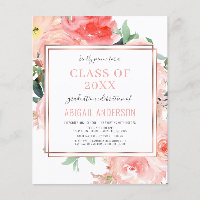Budget Floral Blush Coral 2023 Grad Invitation (Front)