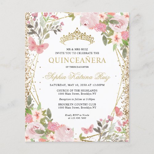 Budget Floral Blush Gold Tiara Quinceaera Invite