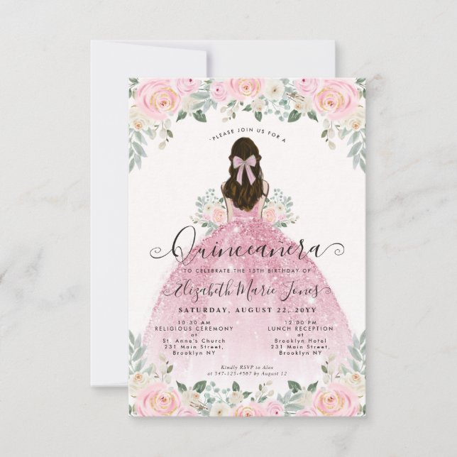 Budget Floral Blush Pink 15th Birthday Quinceanera Note Card (Front)