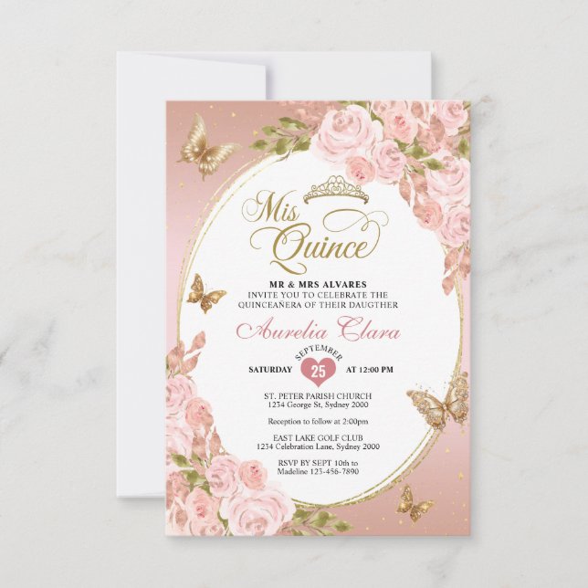 BUDGET Floral Blush Pink Gold Butterfly Mis Quince Note Card (Front)