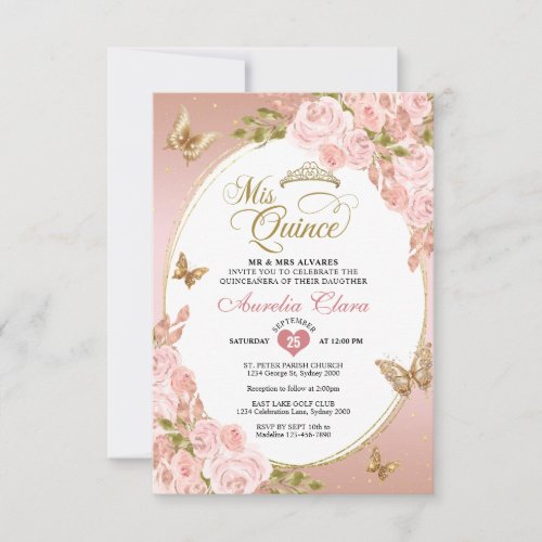 BUDGET Floral Blush Pink Gold Butterfly Mis Quince Note Card