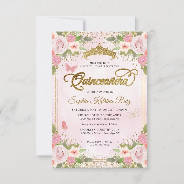 Budget Floral Blush Pink Gold Glitter Quinceañera Note Card (Front)