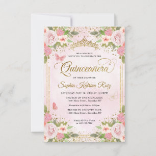 Budget Floral Blush Pink Gold Glitter Quinceañera Note Card