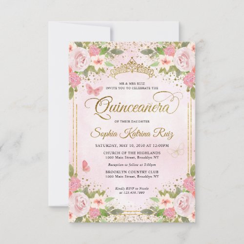 Budget Floral Blush Pink Gold Glitter Quinceaera Note Card