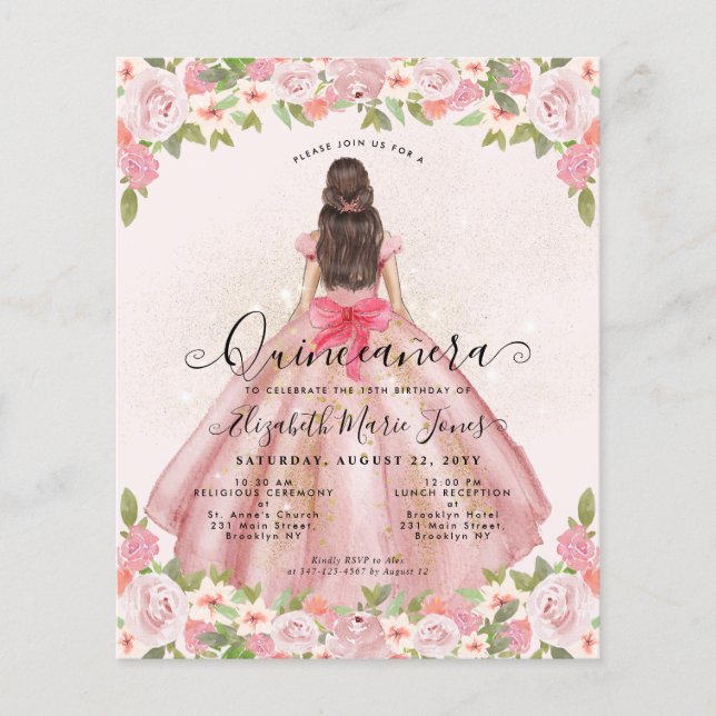 Budget Floral Blush Pink Gold Princess Quinceanera (Front)