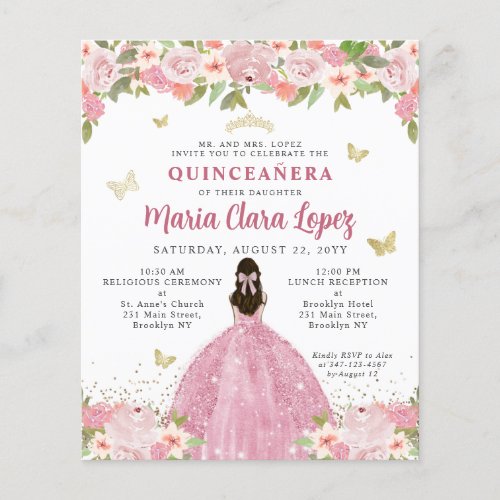 Budget Floral Blush Pink Gold Princess Quinceanera