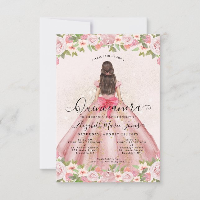 Budget Floral Blush Pink Gold Princess Quinceanera Note Card (Front)