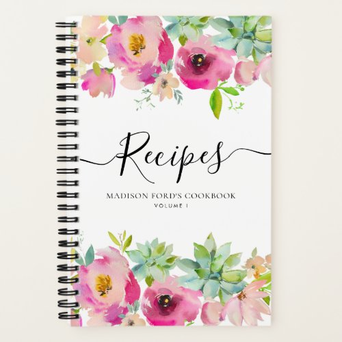 Budget Floral Blush Pink Succulent Kitchen Recipe Notebook