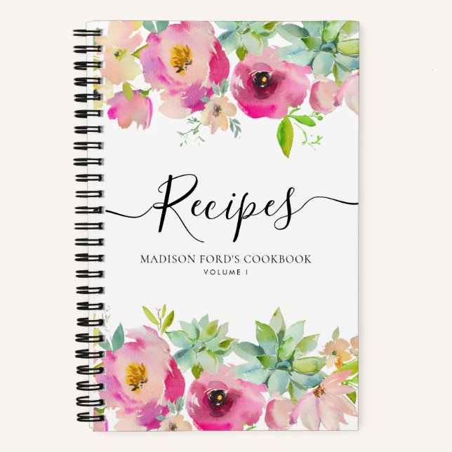 Budget Floral Blush Pink Succulent Kitchen Recipe Notebook (Front)