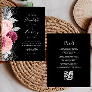 Budget Floral Blush Silver Black QR Code Wedding
