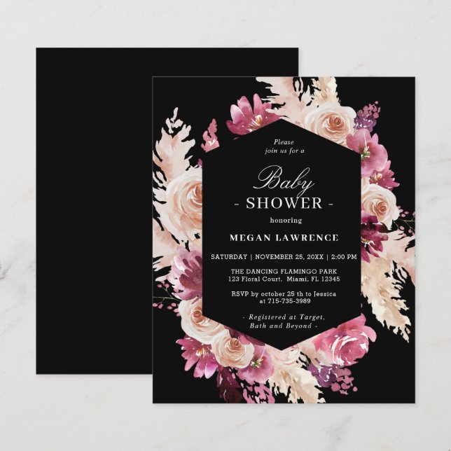 Budget Floral Boho Baby Shower Black Invitation (Front/Back)