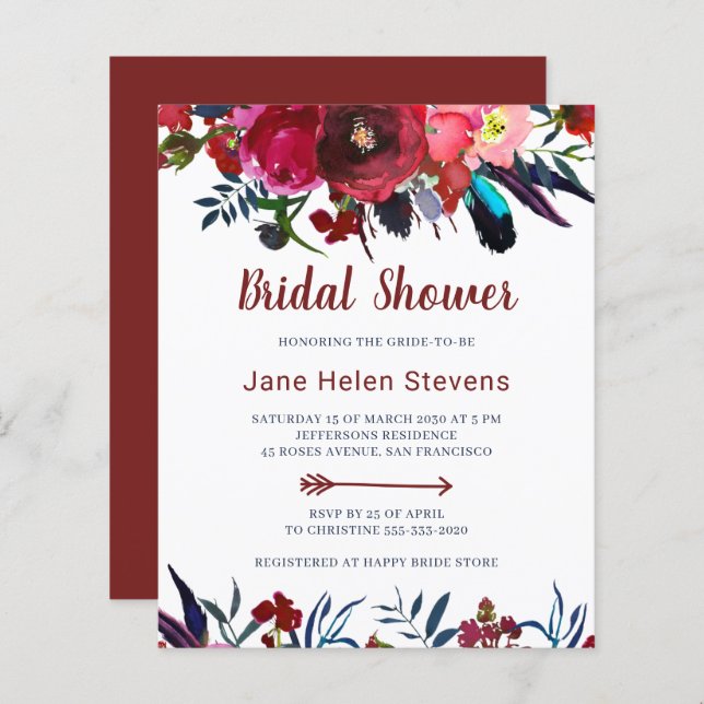 Budget floral boho chic bridal shower invitations (Front/Back)