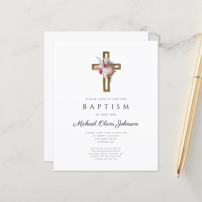 Budget Floral Boho Cross Baptism Invitation (Front/Back In Situ)