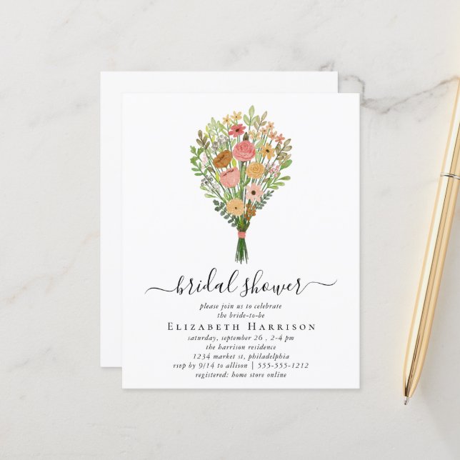 Budget Floral Bouquet Bridal Shower Invitation (Front/Back In Situ)