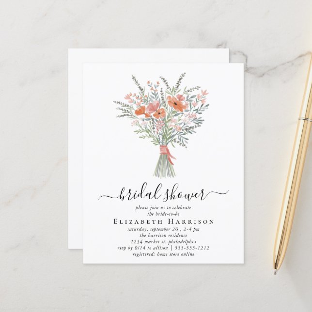 Budget Floral Bouquet Bridal Shower Invite (Front/Back In Situ)