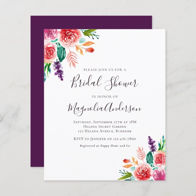Budget Floral Bridal Shower Invitation (Front/Back)