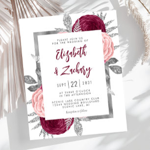 Budget Floral Burgundy Blush Silver Wedding Invite