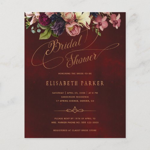 Budget floral burgundy bridal shower invitation flyer