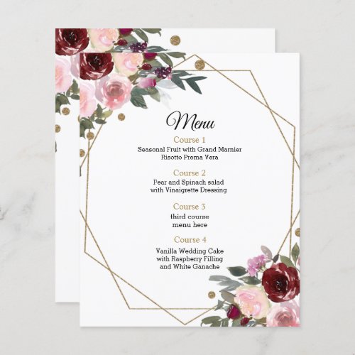 Budget Floral Burgundy Gold Geometric Wedding Menu