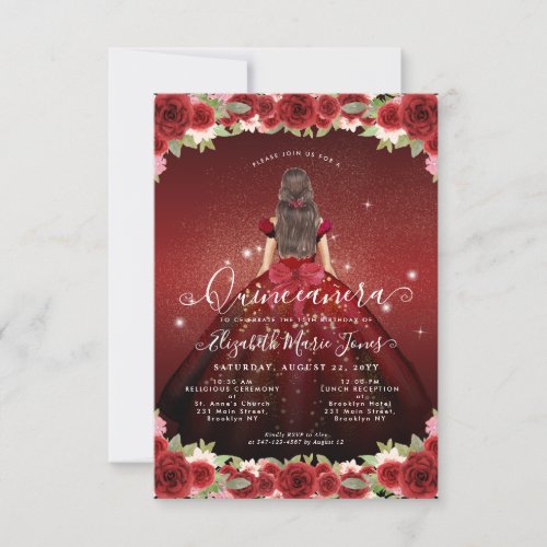 Budget Floral Burgundy Gold Princess Quinceanera Note Card