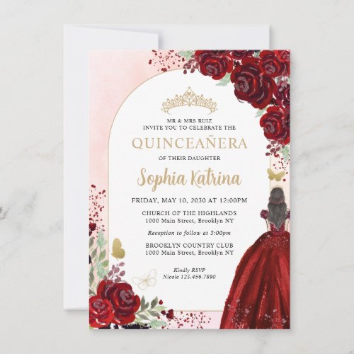 Budget Floral Burgundy Gold Princess Quinceanera Note Card