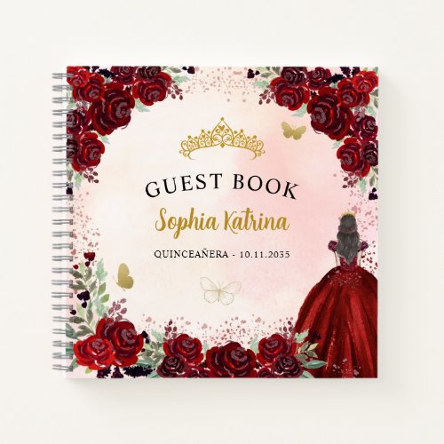 Budget Floral Burgundy Gold Quinceanera Guestbook Notebook