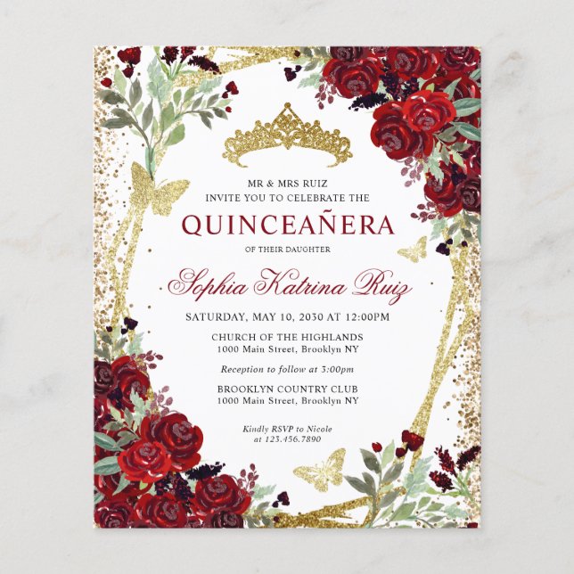 Budget Floral Burgundy Gold Quinceañera Invite (Front)