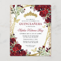 Budget Floral Burgundy Gold Quinceañera Invite
