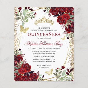 Budget Floral Burgundy Gold Quinceañera Invite