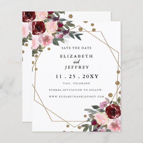 Budget Floral Burgundy Gold Save The Date 