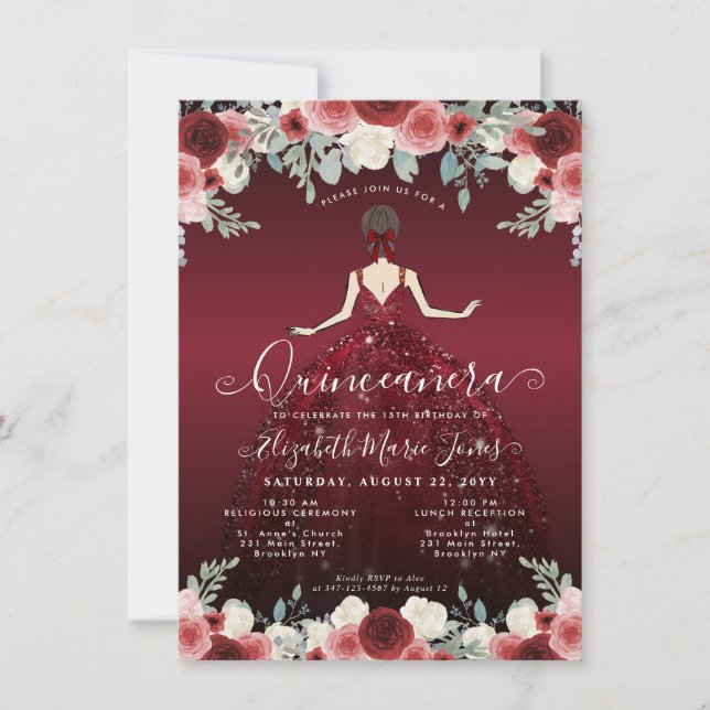 Budget Floral Burgundy Gown Birthday Quinceanera Note Card (Front)