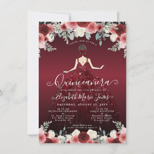 Budget Floral Burgundy Gown Birthday Quinceanera Note Card
