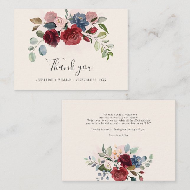Budget Floral Burgundy Greenery Wedding Thank You Note Card (Front/Back)