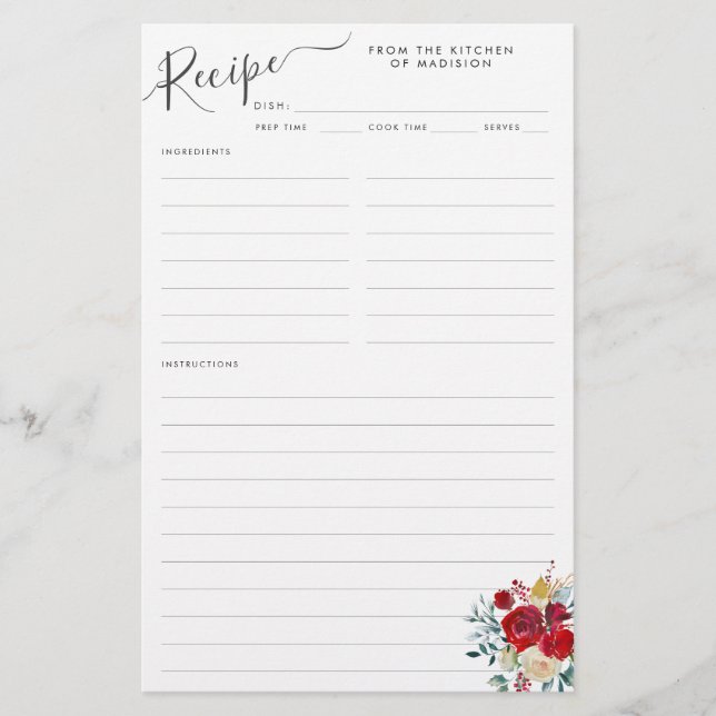 Budget Floral Burgundy Holly Holiday Recipe Sheet (Front)
